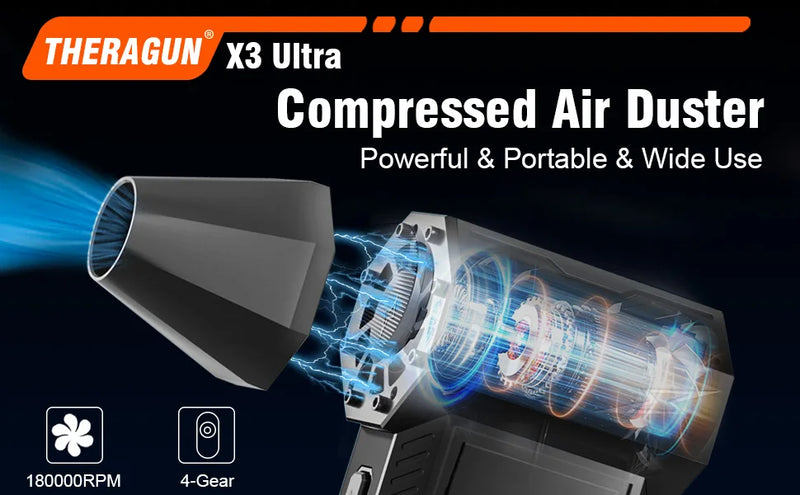Updated X3Ultra Turbo Jet Fan,Mini Handheld 180000RPM Powerful Compressed air Duster for Car Dryer/PC/Home Cleaning-THERAGUN