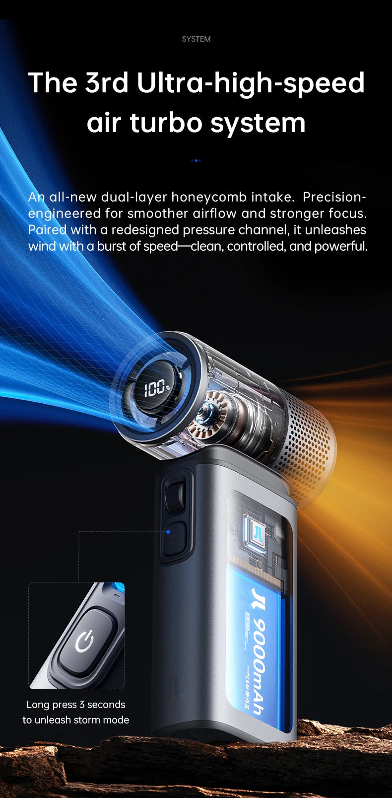 JISULIFE Handheld Fan Ultra 2, Powerful Turbo Jet Fan, 100 Speeds, 9000mAh Rechargeable Battery, LED Display, Outdoor Camping