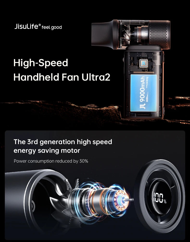 JISULIFE Handheld Fan Ultra 2, Powerful Turbo Jet Fan, 100 Speeds, 9000mAh Rechargeable Battery, LED Display, Outdoor Camping