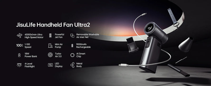JISULIFE Handheld Fan Ultra 2, Powerful Turbo Jet Fan, 100 Speeds, 9000mAh Rechargeable Battery, LED Display, Outdoor Camping