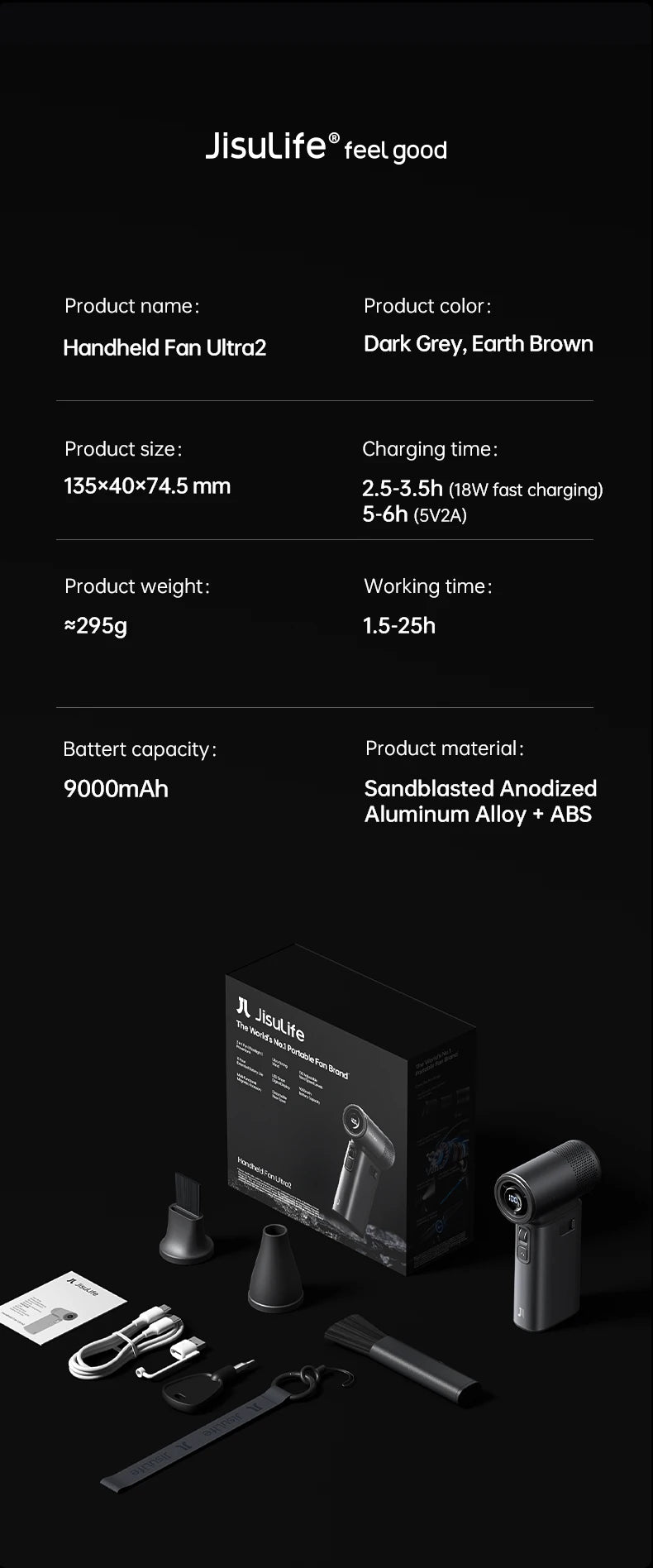 JISULIFE Handheld Fan Ultra 2, Powerful Turbo Jet Fan, 100 Speeds, 9000mAh Rechargeable Battery, LED Display, Outdoor Camping