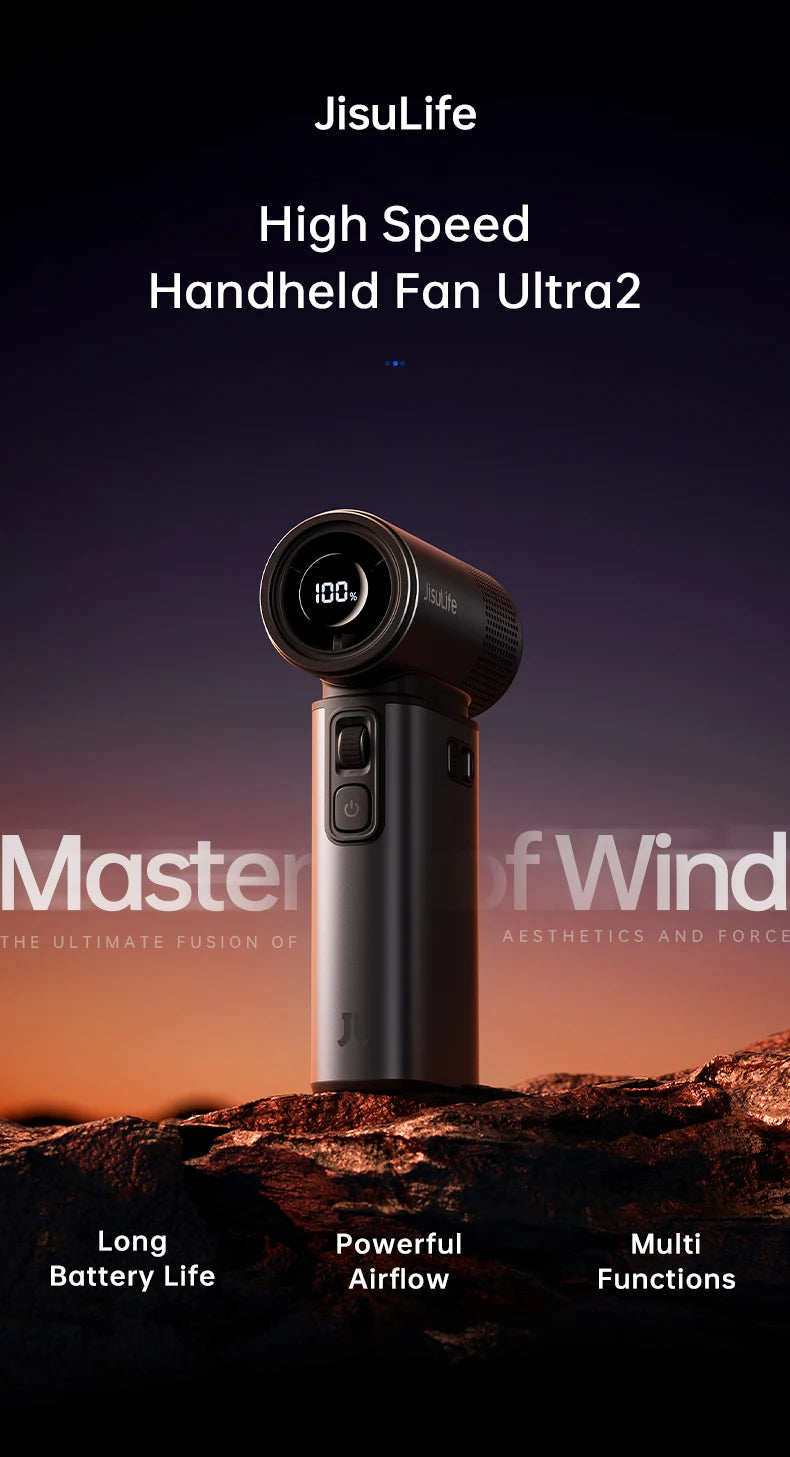 JISULIFE Handheld Fan Ultra 2, Powerful Turbo Jet Fan, 100 Speeds, 9000mAh Rechargeable Battery, LED Display, Outdoor Camping